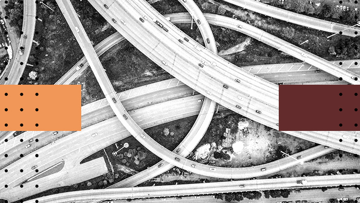 A stylized image of a freeway interchange