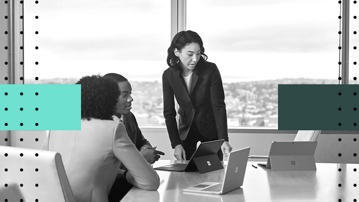 Stylized image of multiple people conversing in a business setting